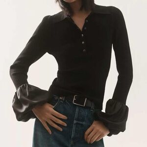 New Anthropologie Maeve Satin-Cuff Black Fitted Polo Blouse Knit Top Shirt